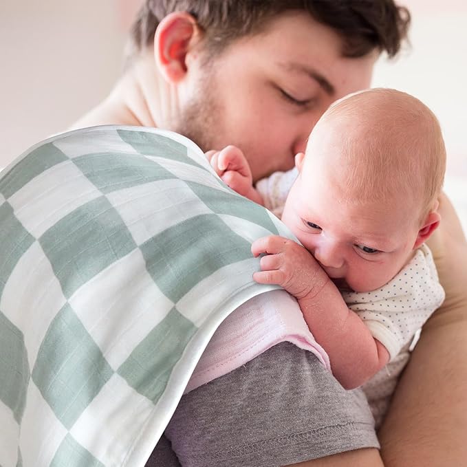 LifeTree Muslin Baby Burp Cloths - 2 Pack 70% Viscose from Bamboo and 30% Cotton Large 22'' by 10'' Absorbent Milk Spit Up Rags - Burping Cloths for Newborn, Girls Boys, Mushroom and Green Checkered