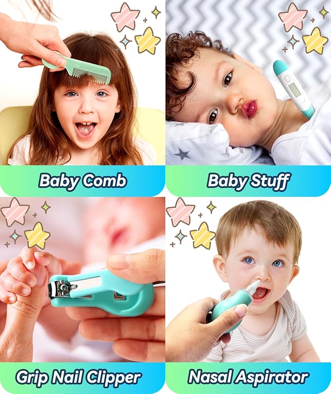 Baby Healthcare and Grooming Kit, 14 in 1 Baby Safety Set Newborn Nursery Health Care Set with Hair Brush Scale Nail Clippers for Baby Girls Boys(14 Kits Green)