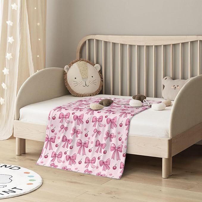 Baby Blanket Pink Bow Pattern Cherry for Boy Girl Newborn 30x40 Inch Toddler Infant Nursery Throw Blankets Double Layer Comfy Soft Plush Stroller Crib Quilt