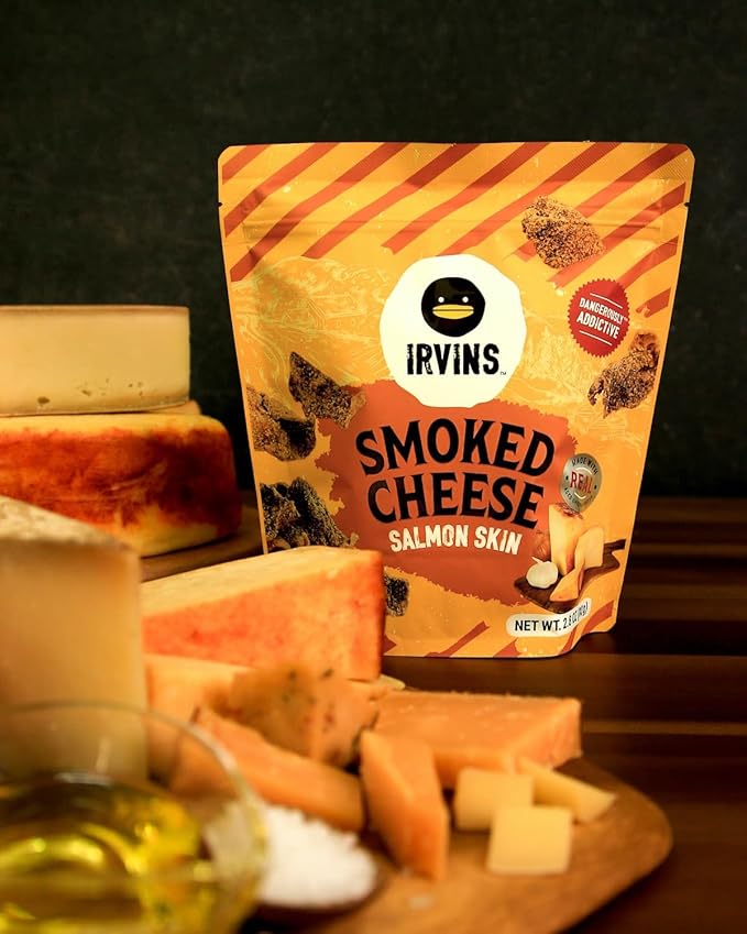 IRVINS Smoked Cheese Salmon Skin Chips Crisps | Premium Hand Cooked | Halal | High Protein | Keto-Friendly | 2.8 oz (Pack of 3)