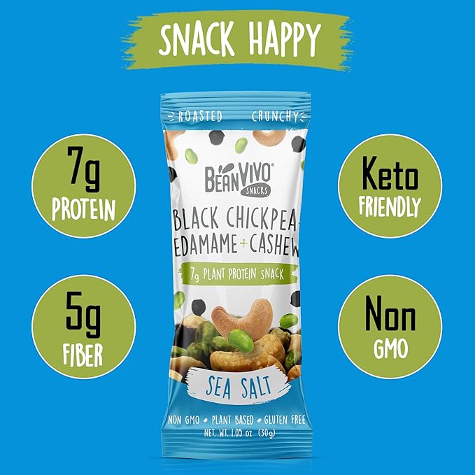 BeanVIVO Healthy Snacks for Adults & Kids with 7g Protein & 5g Fiber per Serving with Dried Edamame, Roasted Cashew and Black Chickpeas - Vegan & Gluten Free - Keto Friendly & Non-GMO - 8Pack (1.05 oz Each Pouch)