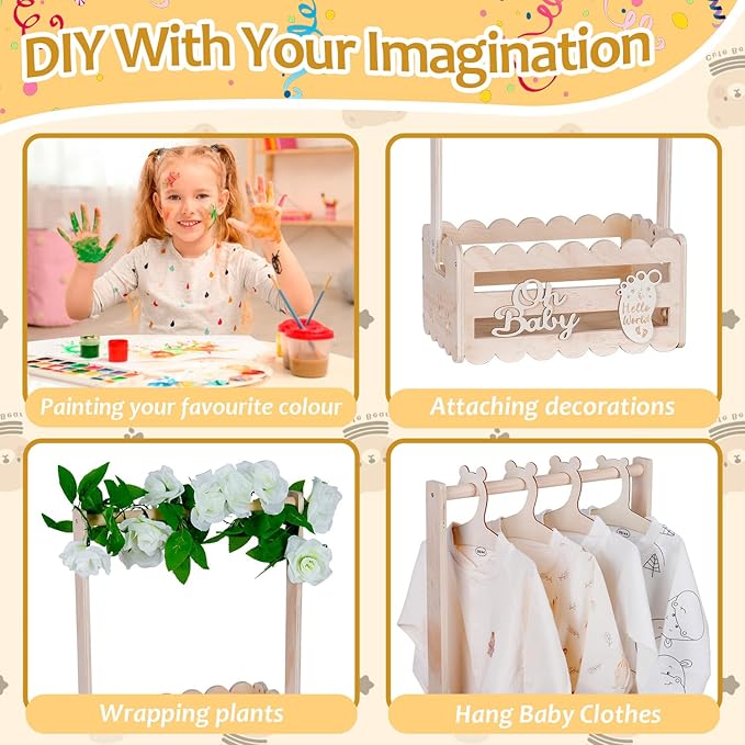 efluky Wooden Baby Shower Crate Closet with Handle,Storage Basket,Baby Clothes Hangers, Newborn Boy Girl Welcome Gift Basket