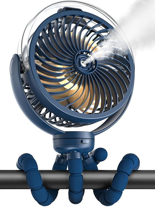 Misting Stroller Portable Fan, 6000mAh Battery Operated Fan with 3-Speed, 360° Rotation, LED Light, Flexible Tripod for Baby, Dark Blue
