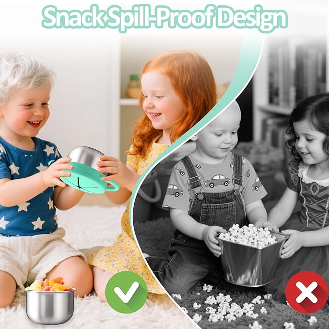 BUSOHA Stainless Steel Toddler Snack Cups - 9 OZ Spill-Proof Baby Snack Containers with Silicone Catcher and Lid Travel Snack Containers for Kids Food Grade Silicone Dishwasher Safe,Green