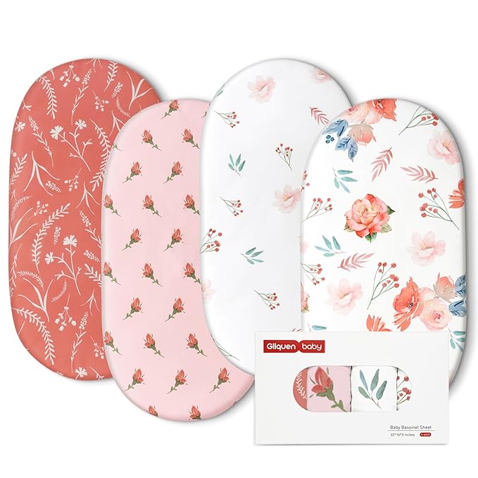 Gllquen Baby Bassinet Sheets 4 Pack, Breathable Cozy Fitted Mattress Sheet, Elastic Travel Crib Fashionable Floral Pattern, Standard Cradle Safe Sheets for Baby Boys Girls 32"x16" (Flower)