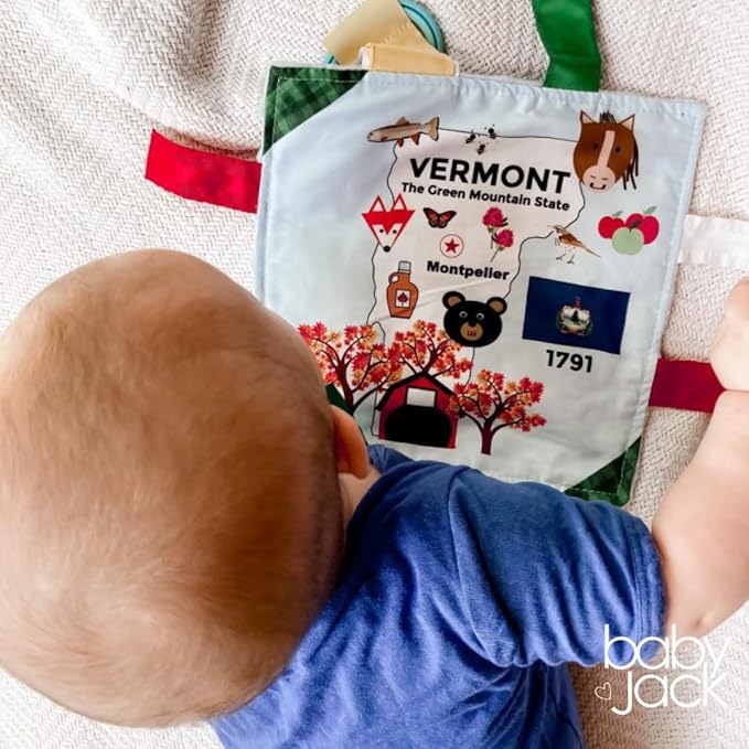 Baby Jack & Co 8x8” Learning Lovey Vermont State Tag Stroller Toy for Babies - Crinkle Toys for Developing Five Senses - Learn About Capitals - Travel with Baby Jack - BPA Free Clip
