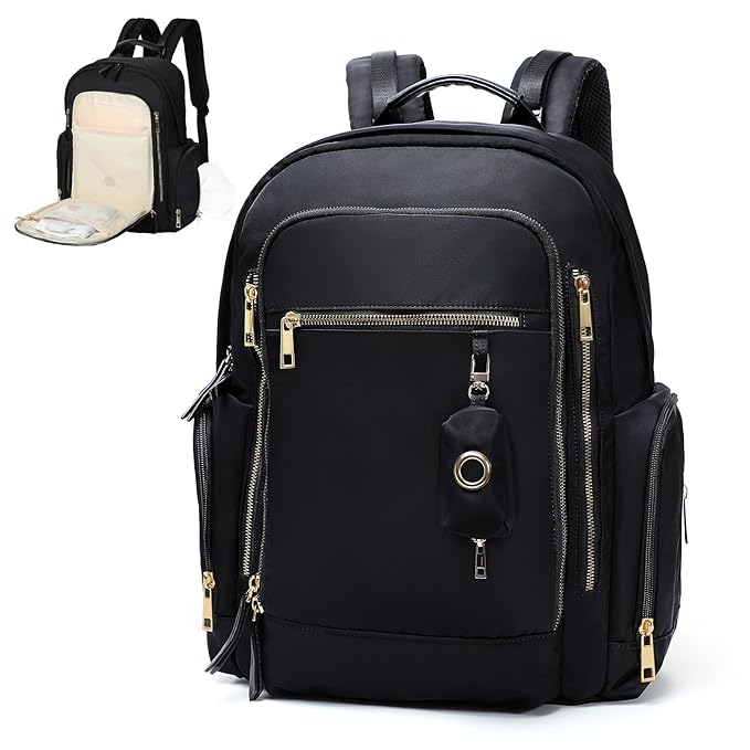 miss fong Diaper Backpack - Mommy & Dad Diaper Bag with Dispenser, 16 Pockets, Large Capacity, Travel & Baby Shower Gifts - Dark Black
