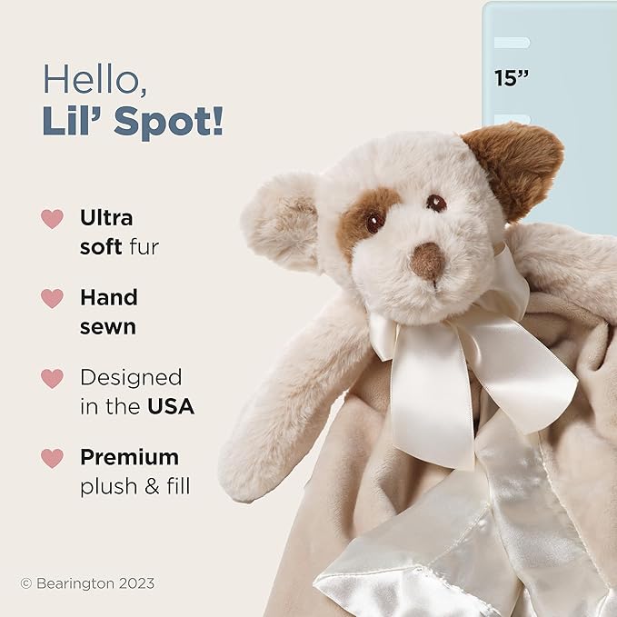 Bearington Collection Spot Lil Snuggle Puppy Plush Lovey Blanket - 15 in Animal Print Plush Security Blanket with Satin-Lined Trim - Gender Neutral Security Lovey & Soft Animal Snuggly