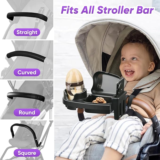 Universal Stroller Snack Tray, 3 in 1 Stroller Cup Holder with Phone Holder and Silicone Flexible Arms Grip, Stroller Tray Attachment Compatible with Uppababy, Baby Jogger, Britax (Snack Tray)