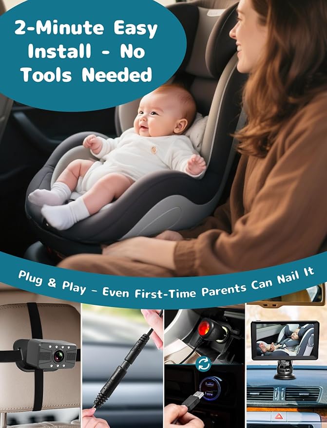 Baby Car Camera -7 Inch Split Screen with Dual Seat Cameras, Night Vision, HD 1080P - USB Powered Easy Install Rear Facing Baby Car Monitor - Perfect for 2Kids/Twins