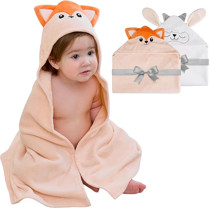 Mooreeke 2 Pack Toddler Towels - 100% Cotton Toddler Hooded Towels - Soft Baby Bath Towel with Hood for Newborn - Comfort Towel for Baby Girls and Boys - Animal Shaped (Lamb & Fox)