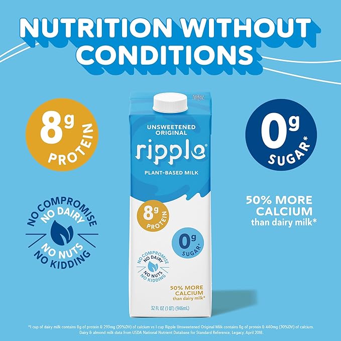 Ripple Unsweetened Original Plant Based Milk | 8g of Quality Sourced Pea Protein, Calcium Rich | Shelf Stable | Vegan, Non GMO | Dairy, Soy, Nut, & Gluten Free | 32 Fl Oz Cartons (Pack of 6)
