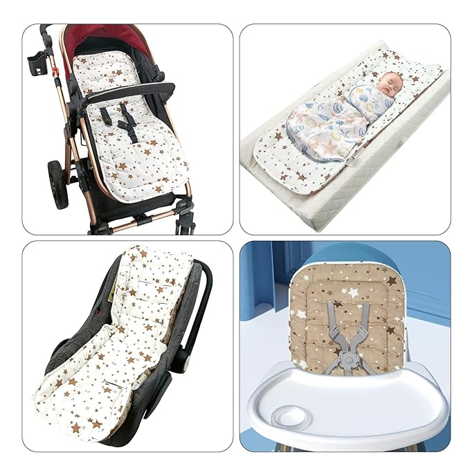 Baby Stroller Cushion,Infant Car Seat Insert-Reversible Universal Breathable and Soft Newborn Stroller Mat, 100% Cotton Cover Toddler Seat Pad Liner-34x78cm,1 Pack（White + Brown Stars）