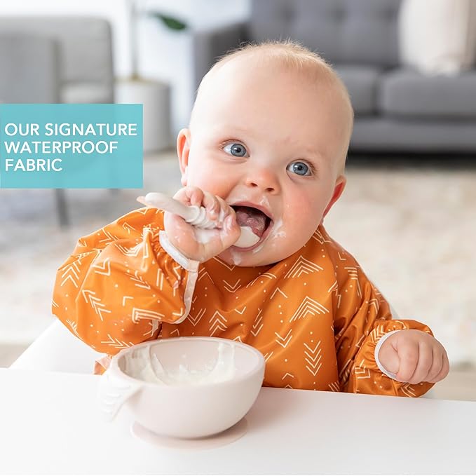 Bumkins Sleeved Bib for Girl or Boy, Baby and Toddler for 6-24 Mos, Essential Must Have for Eating, Feeding, Baby Led Weaning Supplies, Long Sleeve Mess Saving Food Catcher, Soft Fabric, Boho Orange