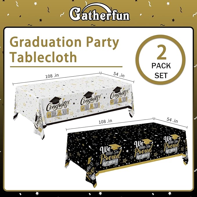 Gatherfun Graduation Decorations 2025-2 Pcs Black and Gold Gongrats Grad Tablecover for Graduation Party Decorations，Grad Plastic Table Covers 54"x108"