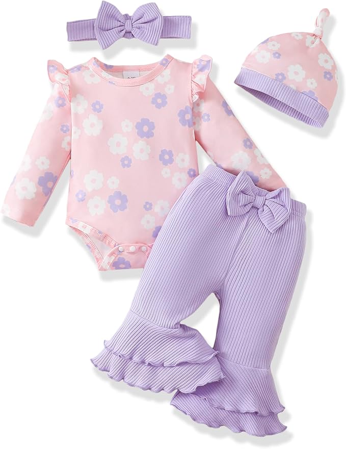 Renotemy Preemie Newborn Baby Girl Clothes Infant Romper Fall Winter Outfits Gifts for Girls Cute Bell Bottoms Pant Sets
