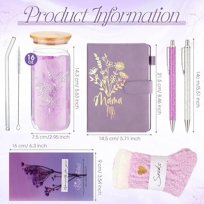 LemonRoad 6 Pcs New Mom Gifts, Pregnancy Gift for Expecting Mom, Baby Shower Favor for New Mommy After Birth, Aesthetic Flower Tumbler Notebook Pen Sock Dried Flower Greeting Card for Mommy(Purple)