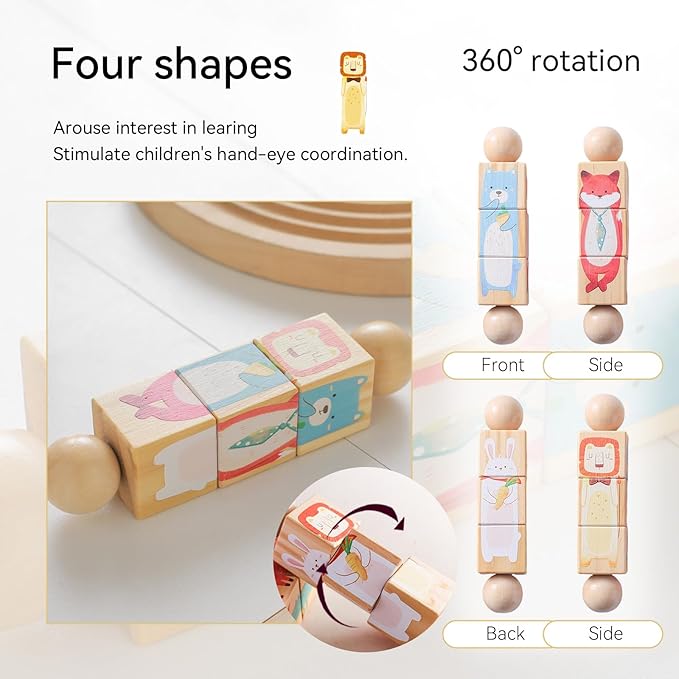 Promise Babe Wooden Animal Puzzle Toy for Toddlers 1-3, Rotating Spin Twist Blocks Set of 2, Learning Educational Montessori Toy Gifts for Kids Boys Girls, Fox and Tiger