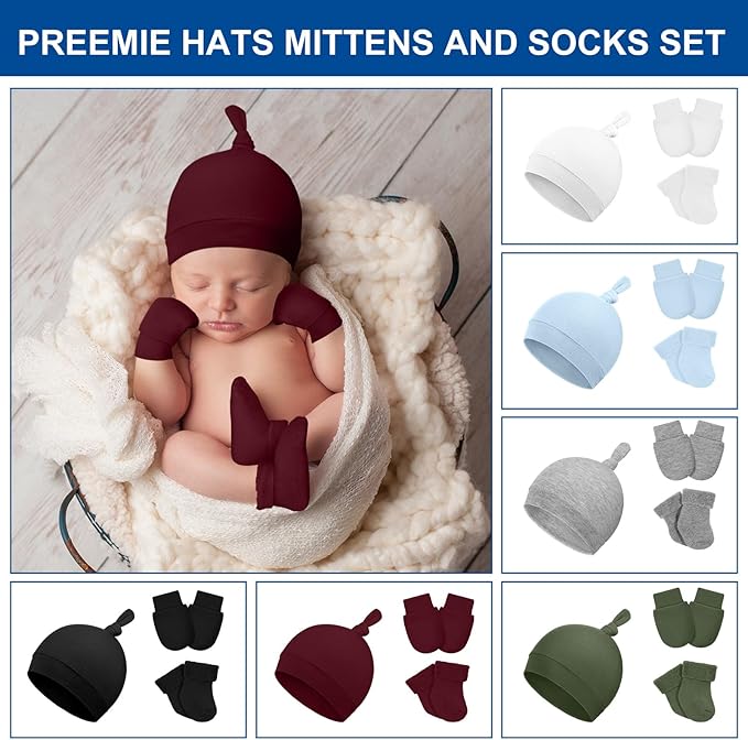 6 Pcs Preemie Hats Mittens and Socks Set Cotton Preemie Cap Knotted Hat No Scratch Warm Terry Socks for Boys Girls