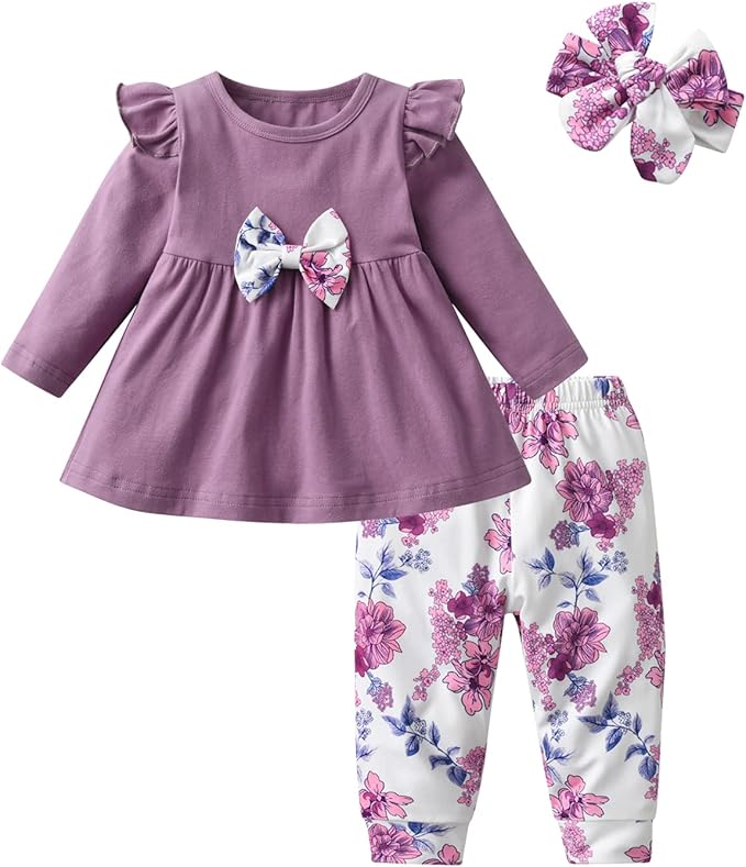 3PCS Baby Girl Clothes Ruffle Floral Shirt Tops Pants Headband Outfit Sets