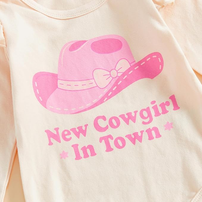 Fernvia Western Newborn Baby Girl Clothes Long Sleeve Letter Print Romper Animal Print Pants Headband 3Pcs Outfits Sets