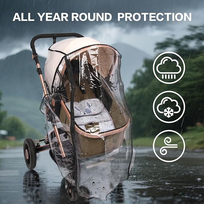 Universal Stroller Rain Cover with Waterproof Zipper, Clear Travel Weather Shield for Baby 4 Season Protection, Rainy Wind Snow Dust (XL, Stander Rain Cover)