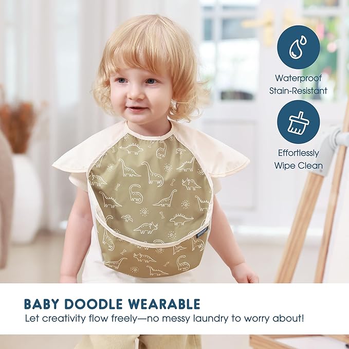 GRSSDER 3-pack Mess Proof Baby Feeding Bibs with Food Catcher Pocket, Soft Lightweight Waterproof Fabric Material with Zero Plastic-like Feel, Adjustable and Easy Clean Toddler Bibs for 6-36 Months