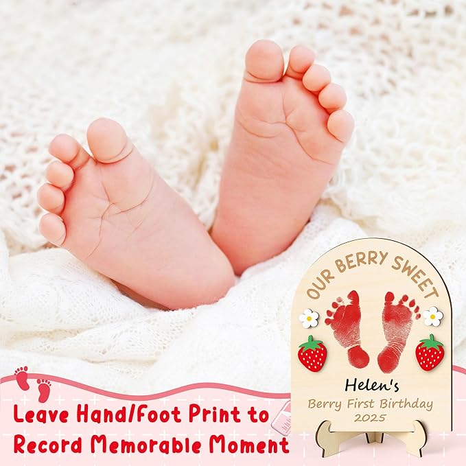 R HORSE Baby's 3D Berry First Birthday Footprint or Handprint Art Sign, Our Berry Sweet DIY Wooden Hanging Decoration, Newborn Keepsake Craft Gift for Unisex Baby First Birthday Baby Shower Photo Prop