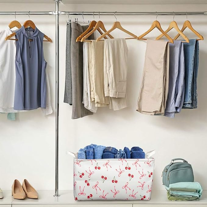 3 Pcs Pink Bow Storage Basket, Coquette Girls Rectangle Storage Bins Box with Handles, Bows and Chery Shelf Basket Ideal for Room Nursery Decor, Books, Organizing Clothes, Toys