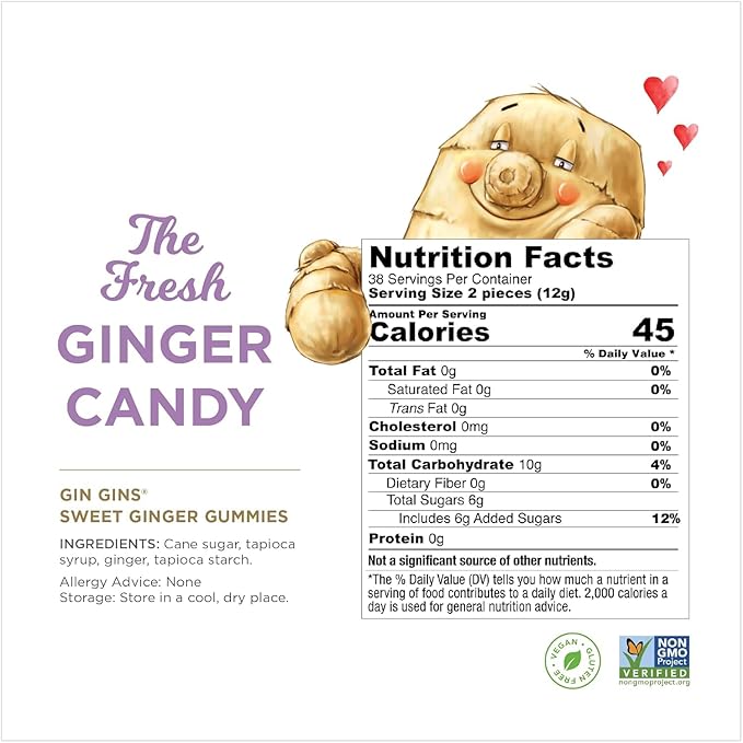 GIN GINS Sweet Ginger Gummies – Natural Fresh Ginger Candy by The Ginger People – Sweet Ginger Gummies Flavor – Large 1 lb Bag (16oz) – Pack of 2