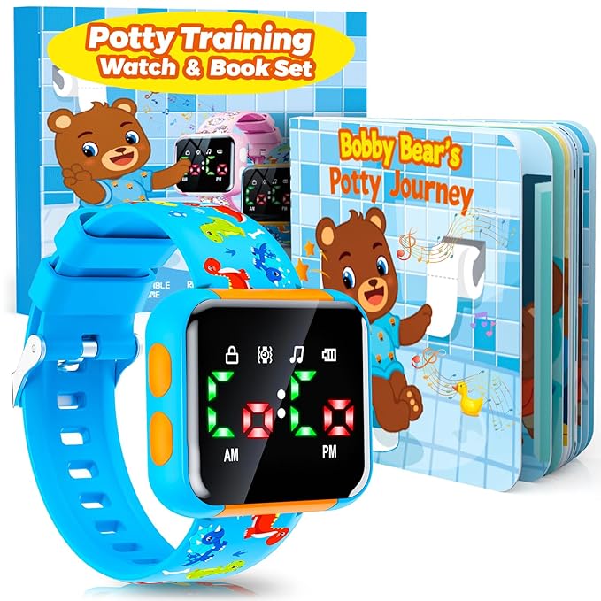 Potty Training Watch and Board Book for Kids: Water Resistant Potty Watches for Toddler Boys Rechargeable Toilet Reminder Dinosaur Toddler Watch 1-3 Birthday Gifts for 2 3 4 Year Old Boy (Blue)
