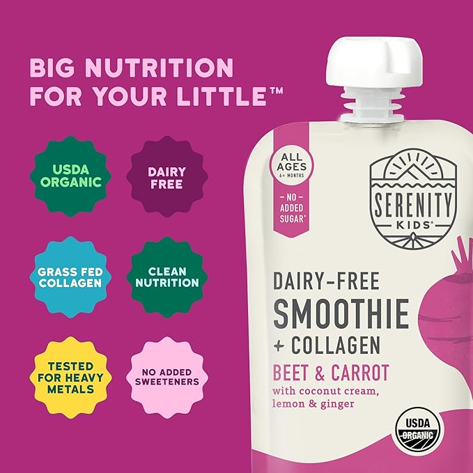 Serenity Kids 6+ Months Dairy-Free Baby Protein Smoothie Pouch - BPA-Free & USDA Organic Beet & Carrot - Grass Fed Collagen Protein & Organic Collagen - 3.5 Oz, 6 Pack