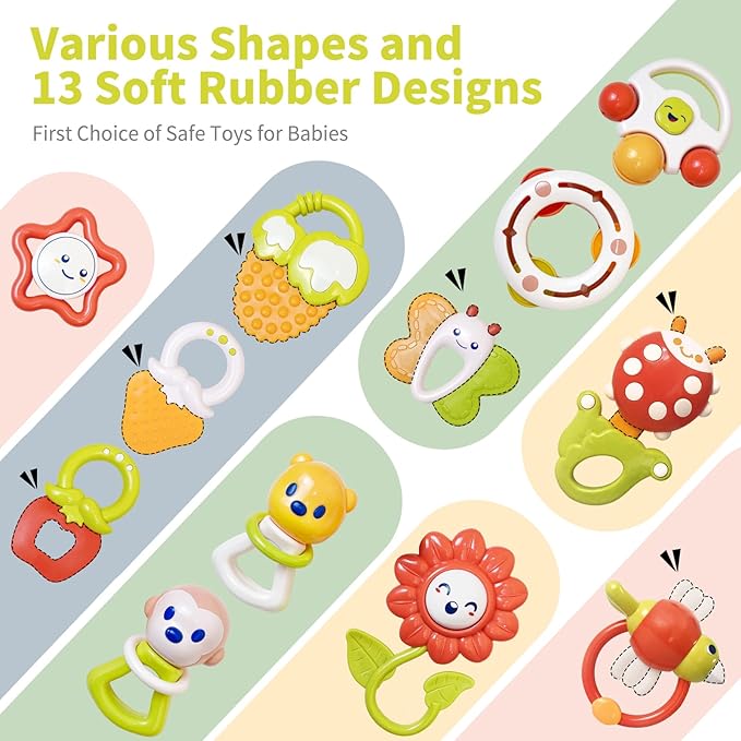 12PCS Baby Rattles Toys Set with Storage Case, Teething Toys for Babies, Newborn Christmas Gift for Baby Infant Boys and Girls 0 1 2 3 4 5 6 7 8 9 10 11 12 Months