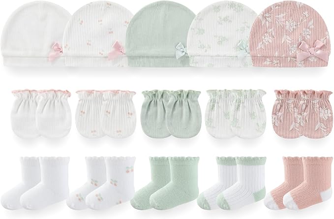 Baby Girls Boys Hats Mittens and Socks Set Cotton Infant Caps Newborn Soft Gloves 0-6 Months