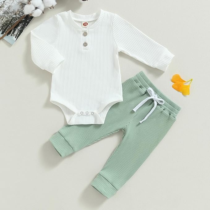 Newborn Baby Boy Girl Clothes Ribbed Knitted Long Sleeve Romper Pants Solid Cotton Infant Fall Winter Outfits 2Pcs