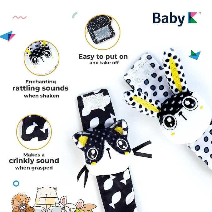 BABY K Rattle Socks & Wrist Rattles and Hand Rattle (Set G+ Dog A) - Newborn Toys for Baby Boy or Girl - Brain Development Infant Toys - Hand and Foot Rattles Suitable for 0-3, 3-6, 6-12 Months Babies