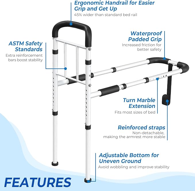 Bed Rails - ASTM Certified, 350 LBS Adjustable Bed Cane with Motion Sensor Light, Tool-Free, Non-Slip Ergonomic Handle & Storage Pocket, 2026 Upgrade Stable Bed Assist Rails for Seniors