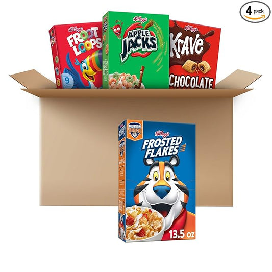 Kellogg's Cold Breakfast Cereal, Bulk Pantry Staples, Kids Snacks, Variety Pack (4 Boxes)