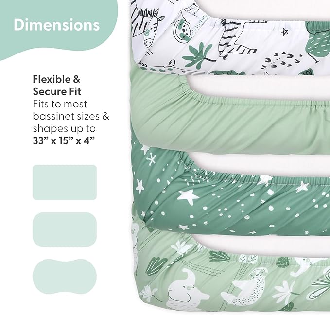 The Peanutshell Baby Bassinet Sheets 4-Pack for Boy - Soft, Oval & Fitted Baby Boys Sheet, Rectangle, Fitted Covers for Crib, Halo Bassinet Mattress - Green Dino