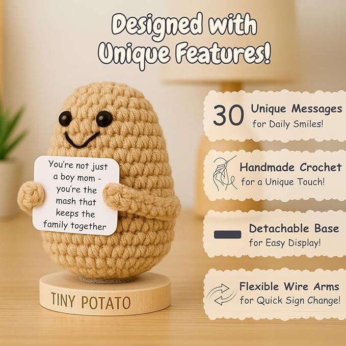 Boy Mom Gift - Handmade Crochet Potato Doll with 30 Empowering Signs for a Mother of Sons Boys - New Mom Present Idea - Postpartum Gifts for After Birth for New 1st Time Moms, Coworker, Friends, Women