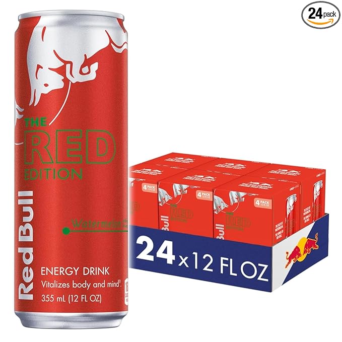 Red Bull Red Edition Energy Drink, Watermelon, with 114mg Caffeine plus Taurine & B Vitamins, 12 Fl Oz, 6 Packs of 4 Cans (Pack of 24)