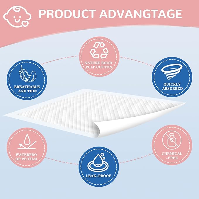 Disposable Changing Pads Liners 18"x26"(50pcs) Baby Pads, Hot Air Cotton Surface Pee Pads, Waterproof & Absorbent Diaper Changing Pads, Disposable Underpads for Baby, Toddler or Pet