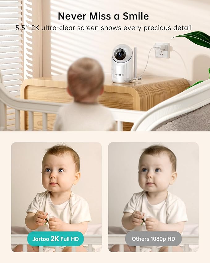 Jartoo 2K Video Baby Monitor with 2 Cameras and Audio, Long Range Baby Monitor No WiFi, 5.5" Split Display, VOX - AI Cry Detect, ANR, IR Night Vision, 2-Way Audio, 6000mAh