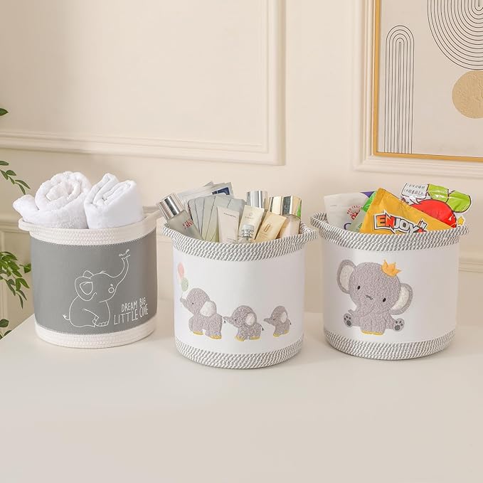 Blanket Baskets Baby Toy Basket Laundry Hamper Cute Elephant Nursery Storage Basket, Woven Cotton Rope Nursery Organization Bins For Girls Boys Kids Baby Shower Gifts Baskets
