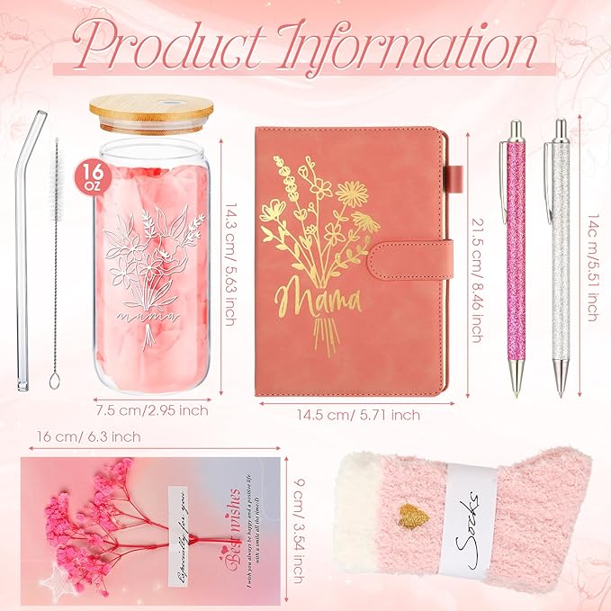 LemonRoad 6 Pcs New Mom Gifts, Pregnancy Gift for Expecting Mom, Baby Shower Favor for New Mommy After Birth, Aesthetic Flower Tumbler Notebook Pen Sock Dried Flower Greeting Card for Mommy(Pink)