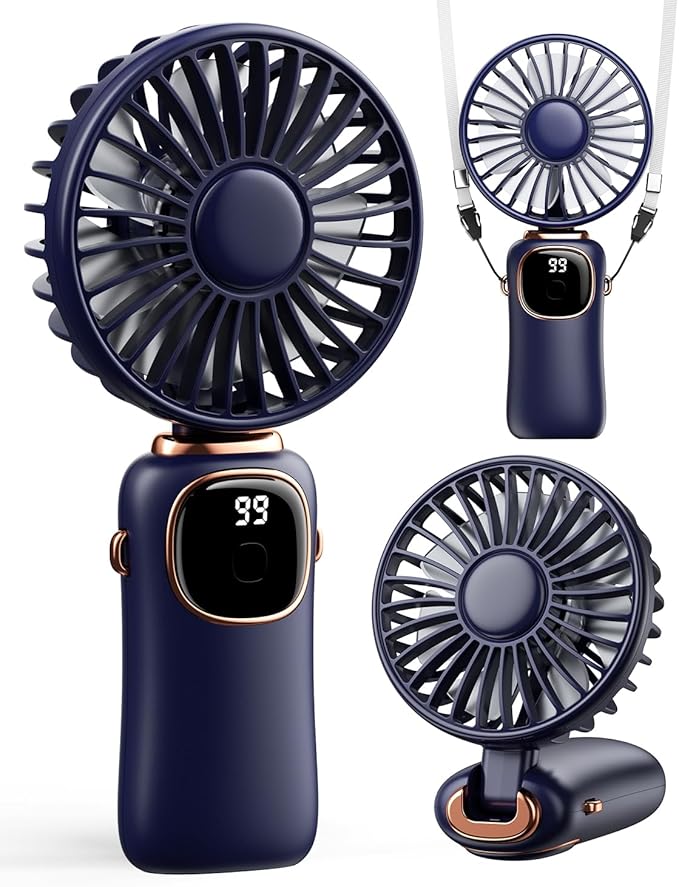 coldSky Portable Handheld Fan, 4000mAh Battery Operated Fan with LED Display, Handheld/Neck/Desk 3 in 1 Personal Small Fans, 90° Foldable Desk Fan with Base, 5 Speed Makeup Lash Fan for Women Blue
