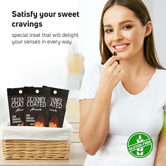 Skinny Coated Dark Chocolate Espresso Snacks, Chocolate Flavored Almonds Healthy in Bulk - Skinny Almonds, Kosher, Gluten Free Sweet Snacks for Adults, 1.2Oz p/Bag, 6 Pack