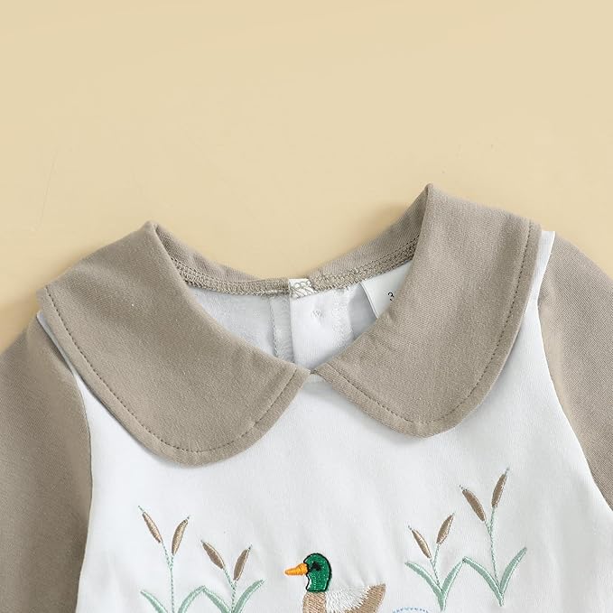 woshilaocai Baby Fall Outfit Boy Girl Plaid Embroidered Collar Romper Footie Infant Halloween Clothes