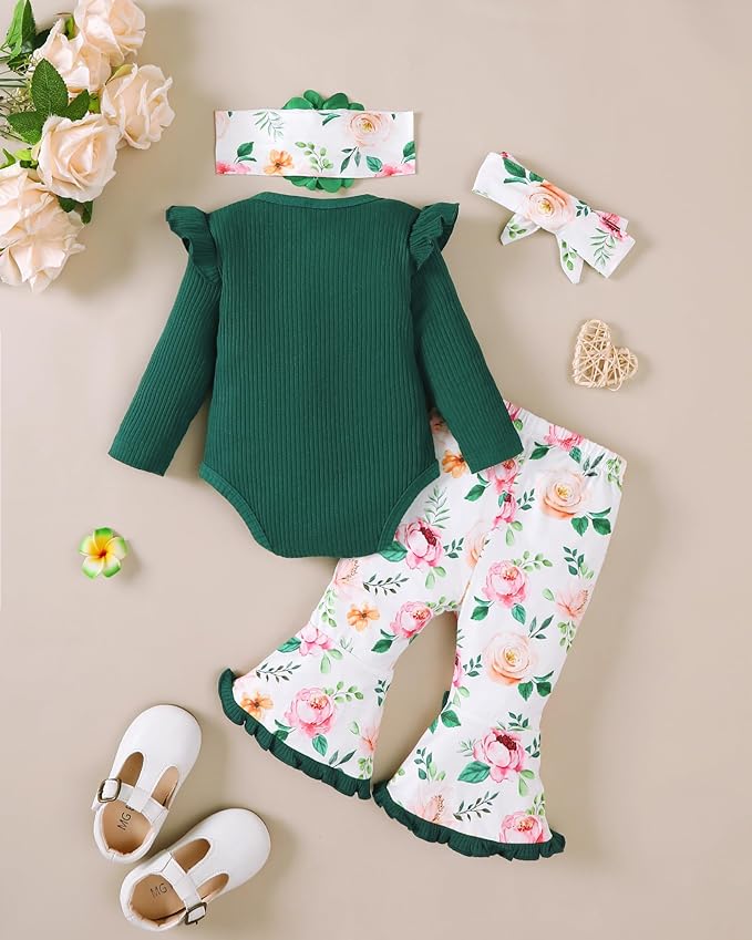SUNNY PIGGY Newborn Baby Girl Clothes Infant Outfits Romper Floral Fall Outfit Bell Bottoms Pant Sets Hat Headband Flowerpant