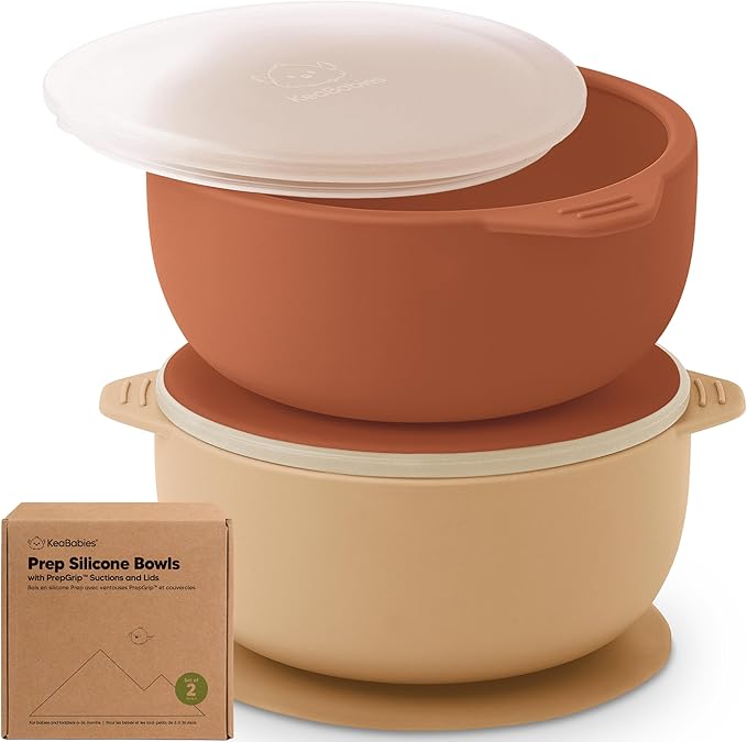 KeaBabies 2-Pack Baby Bowls with Suctions, Lids - Silicone Toddler Suction Bowls for Baby Boy, Girl, Kids, Food Grade Silicone, BPA-Free, Dishwasher Safe, Toddler Eating Essentials (Terracotta)